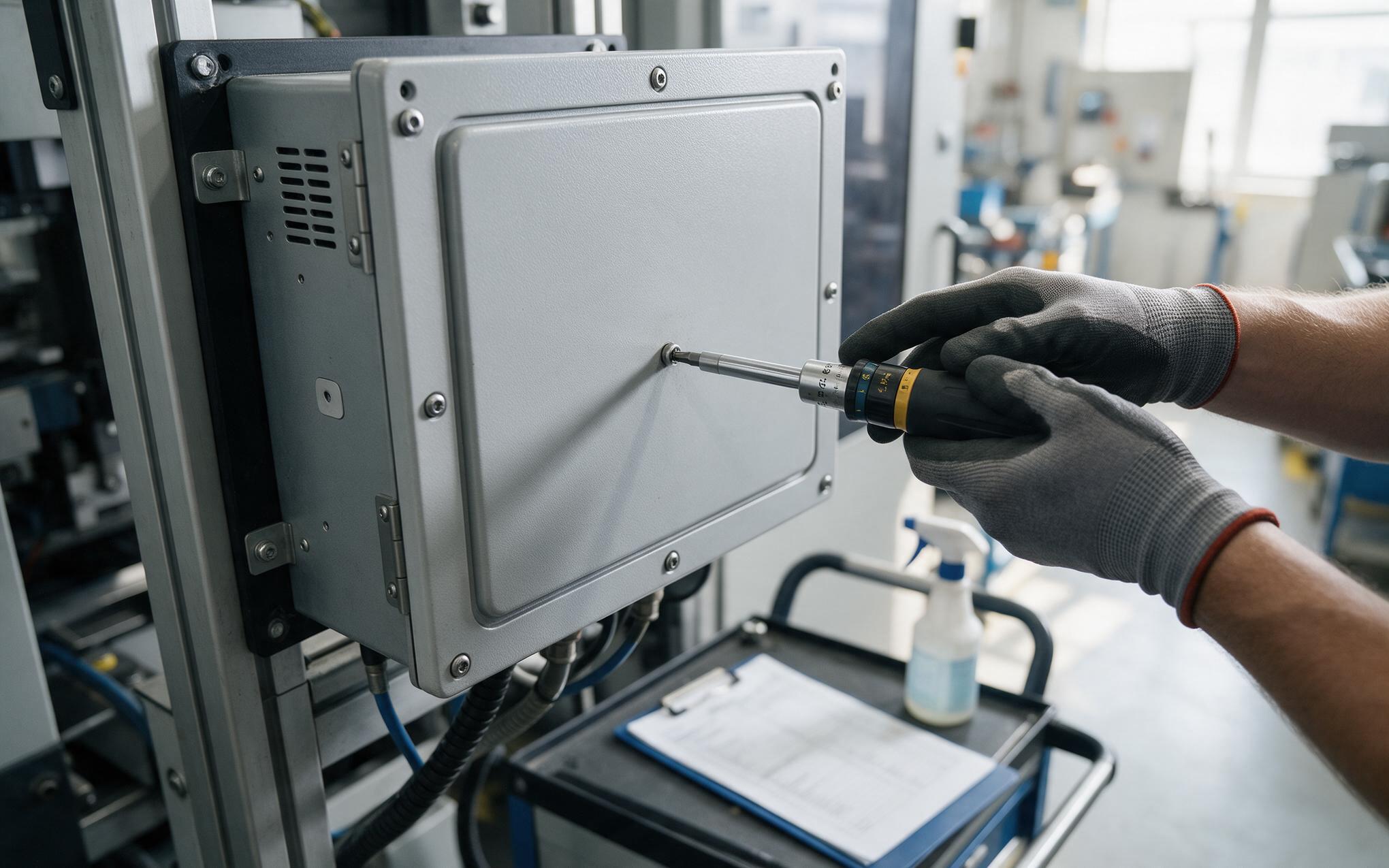 Technician retorquing cover screws of an industrial panel pc with a torque driver during seal inspection