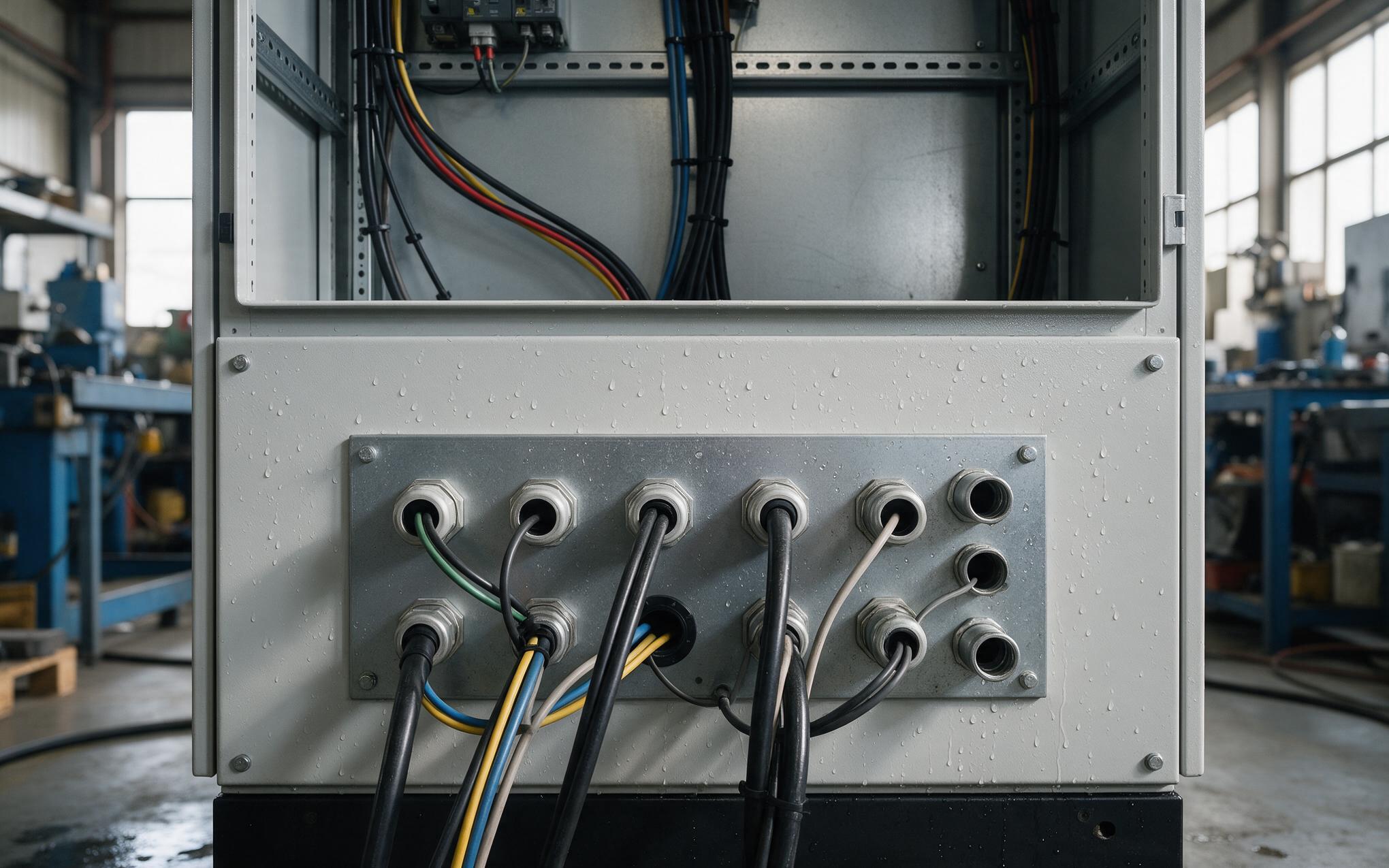Cable glands on the rear entry plate Cable gland sealing plate behind an industrial panel mount display inside a control cabinet