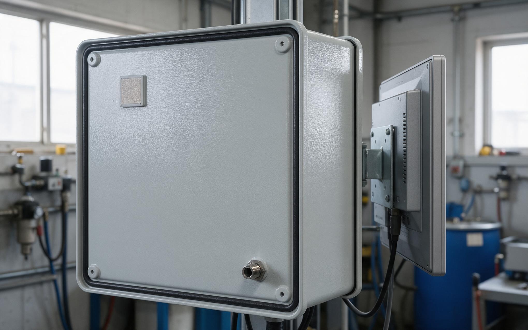 Closed rear wall with breather membrane Sealed rear wall with breather membrane behind an industrial panel mount display installation