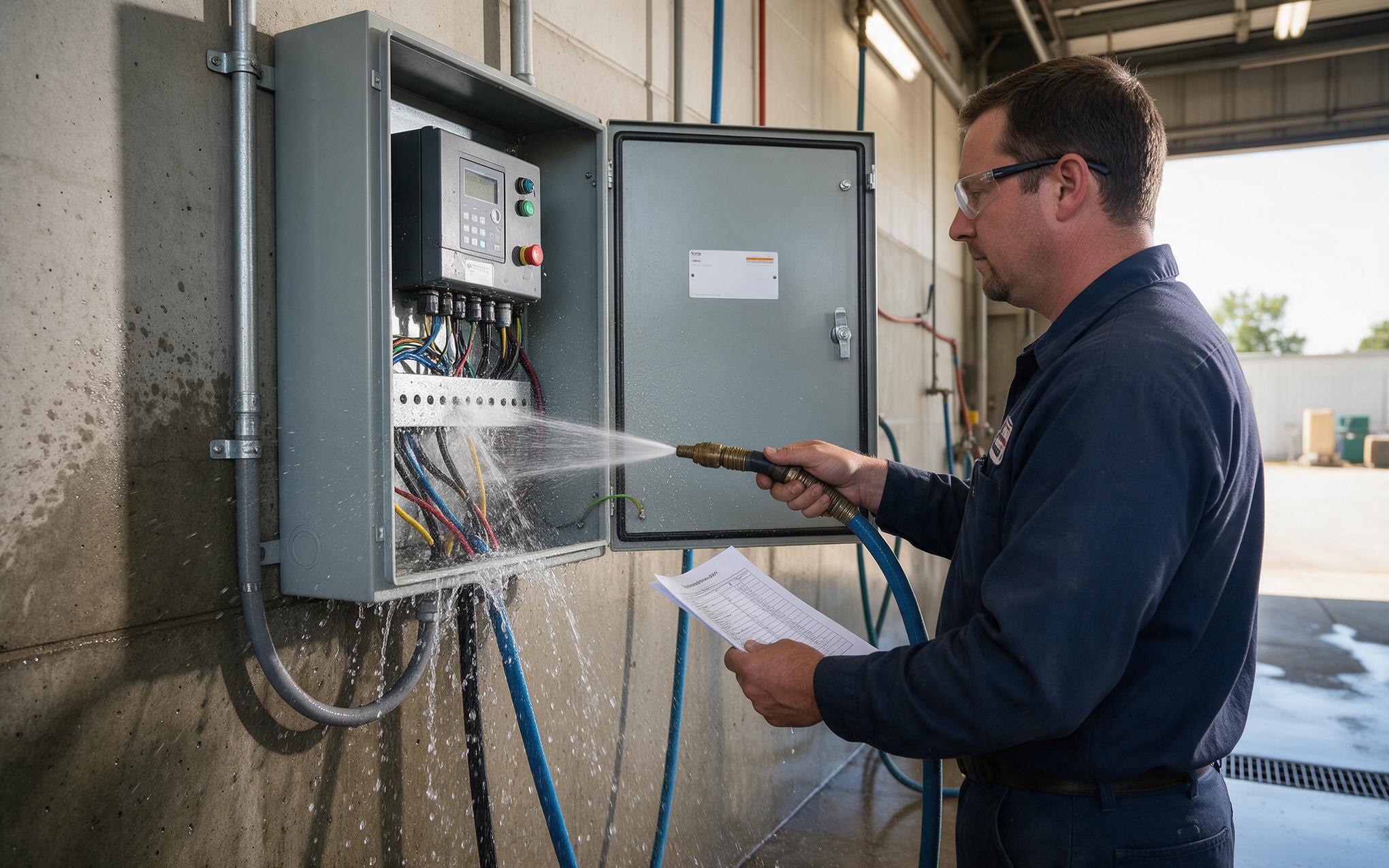 Rear side jet test during commissioning Water jet test on the rear cable entry of an industrial panel mount display cabinet