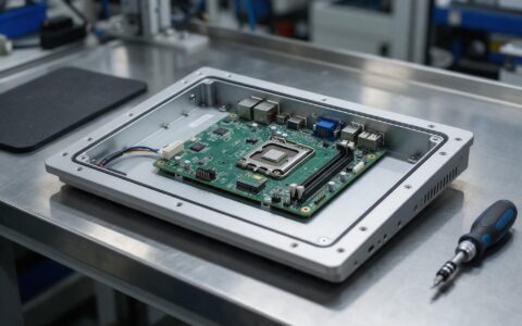 Trusted platform module seated on the mainboard of a Windows industrial panel pc opened for a drive service