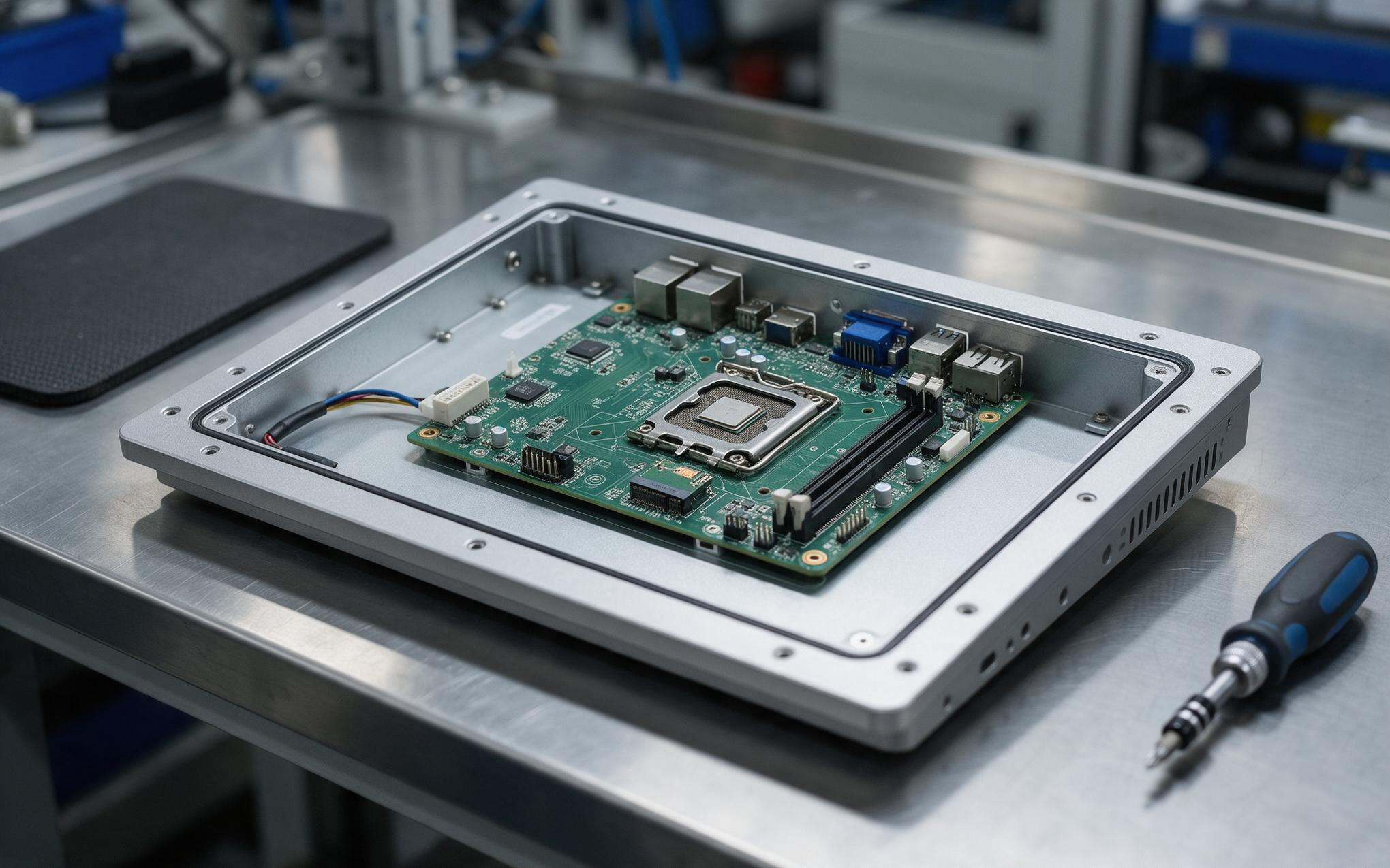 TPM module on the service bench Trusted platform module seated on the mainboard of a Windows industrial panel pc opened for a drive service