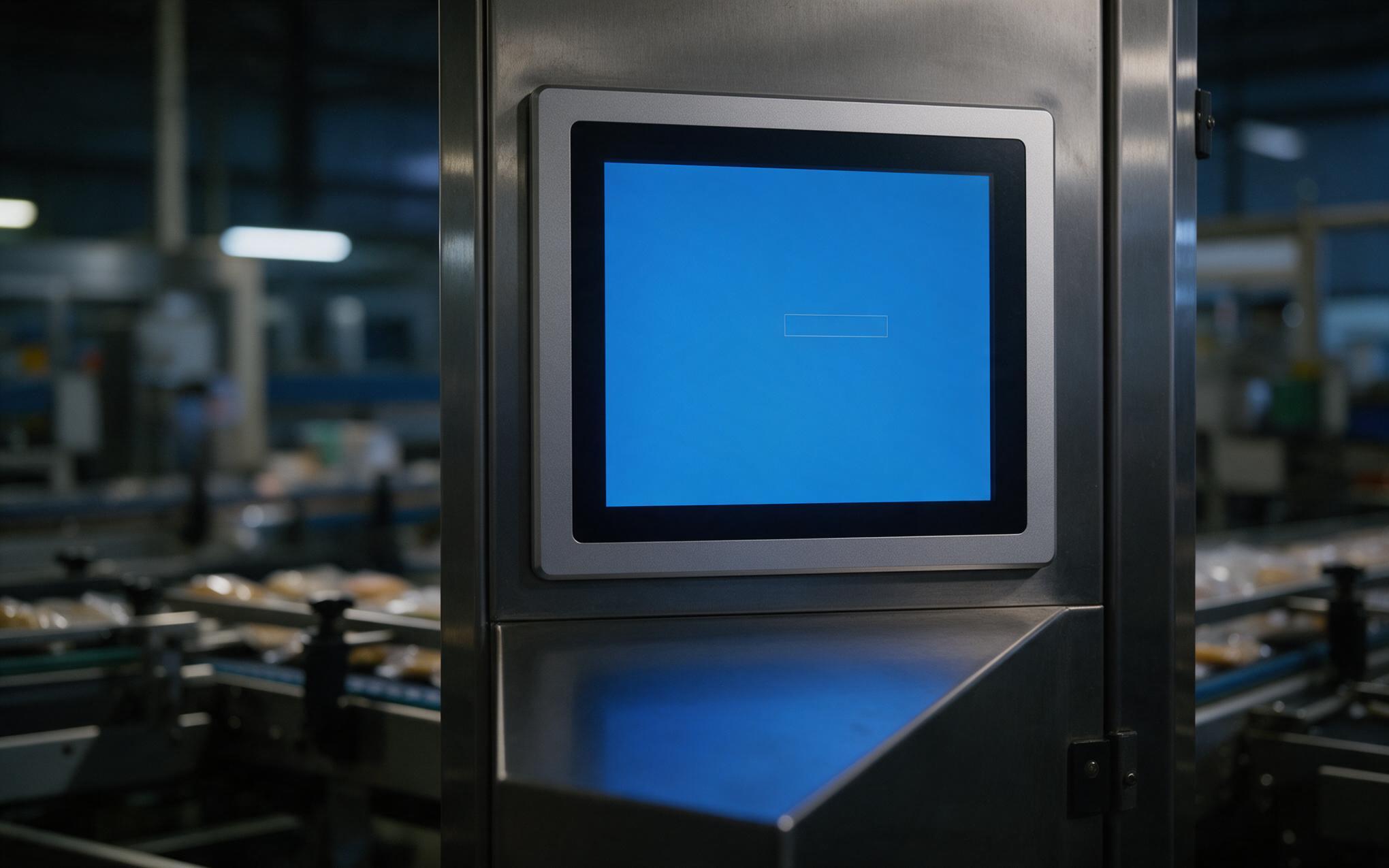 Recovery prompt at boot Recovery key prompt shown on an industrial panel screen during a failed encrypted drive boot