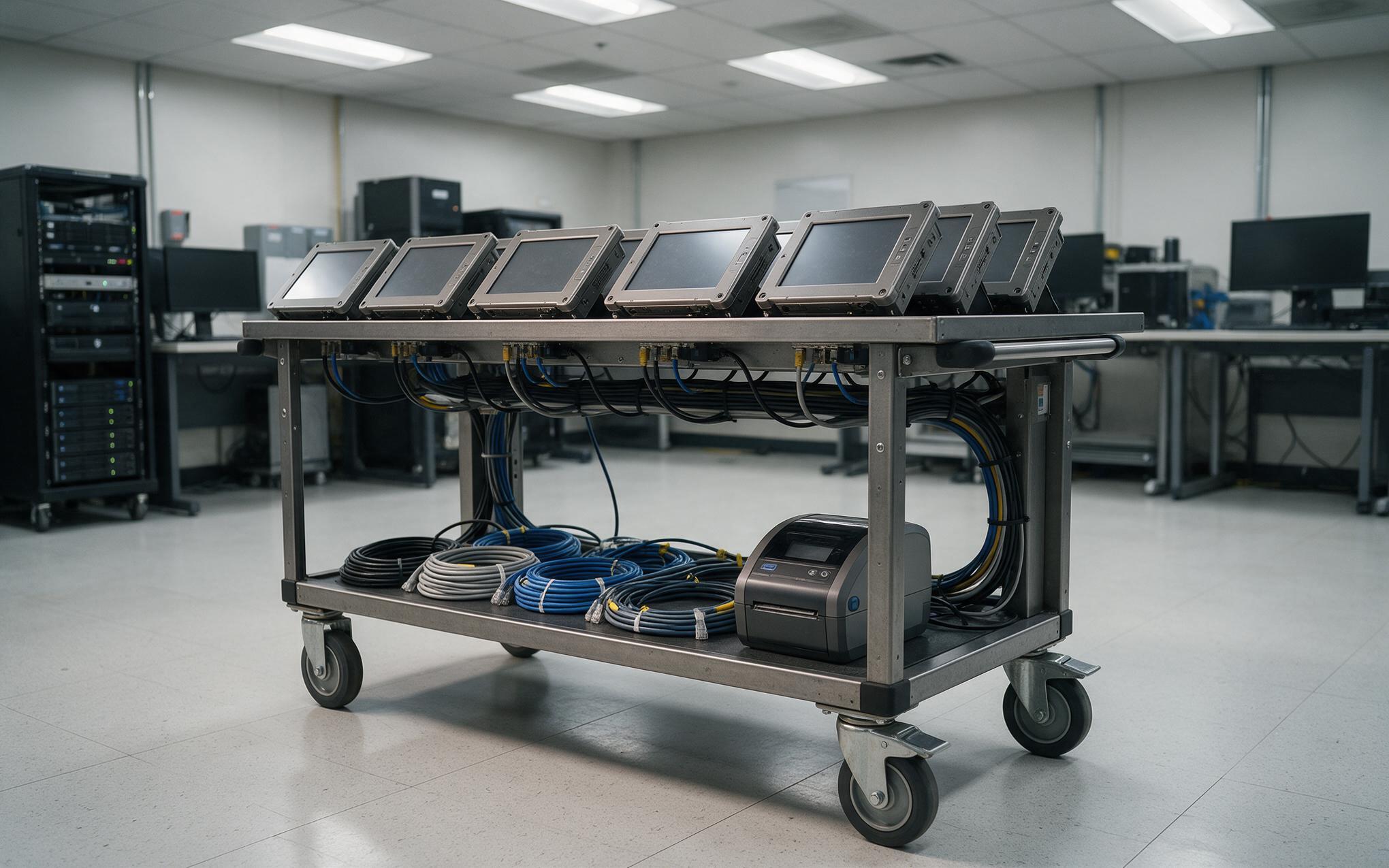 Imaging cart before shipment Row of panel computers staged on an imaging cart for encrypted fleet deployment