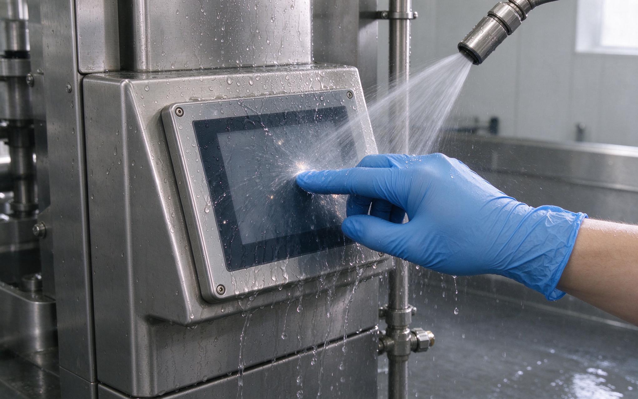Gloved input against a wet panel Gloved operator touching an industrial grade touch screen while rinse water runs across the front glass