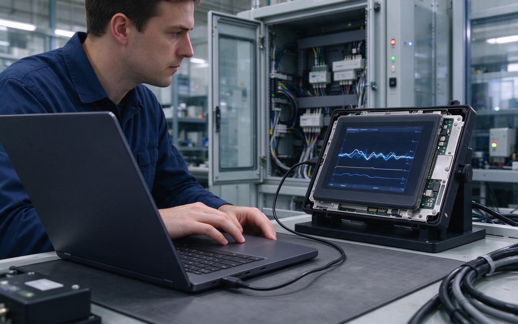 Threshold tuning at the bench Engineer tuning touch controller thresholds for an industrial grade touch screen on a commissioning bench