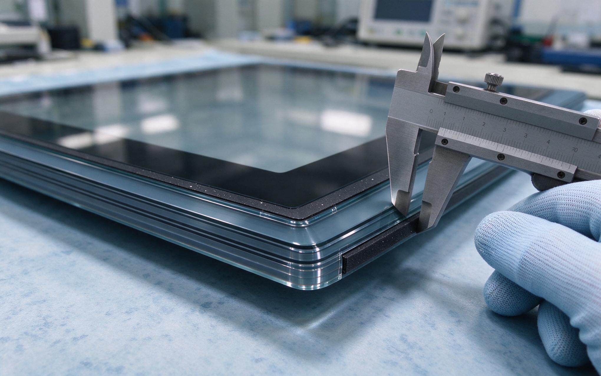 Cover glass stack detail Layered cover glass stack of a rugged industrial touch screen inspected on an anti-static bench