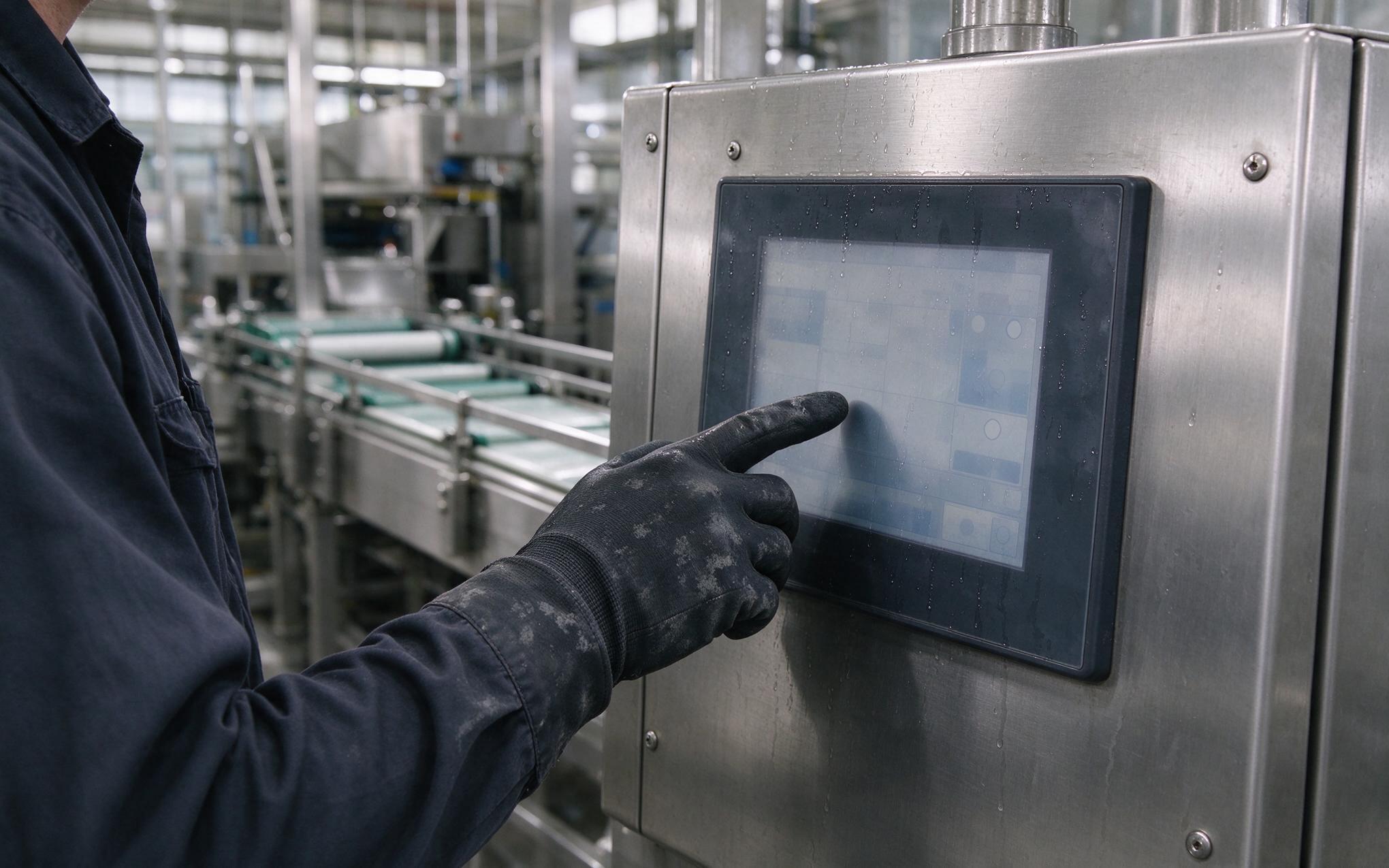 Production glove verification pass Operator in a coated work glove verifying an industrial grade touch screen after a washdown cycle