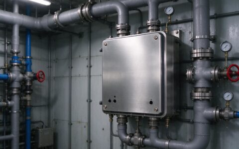 Stainless front frame of a rugged industrial display installed in an ammonia compressor room