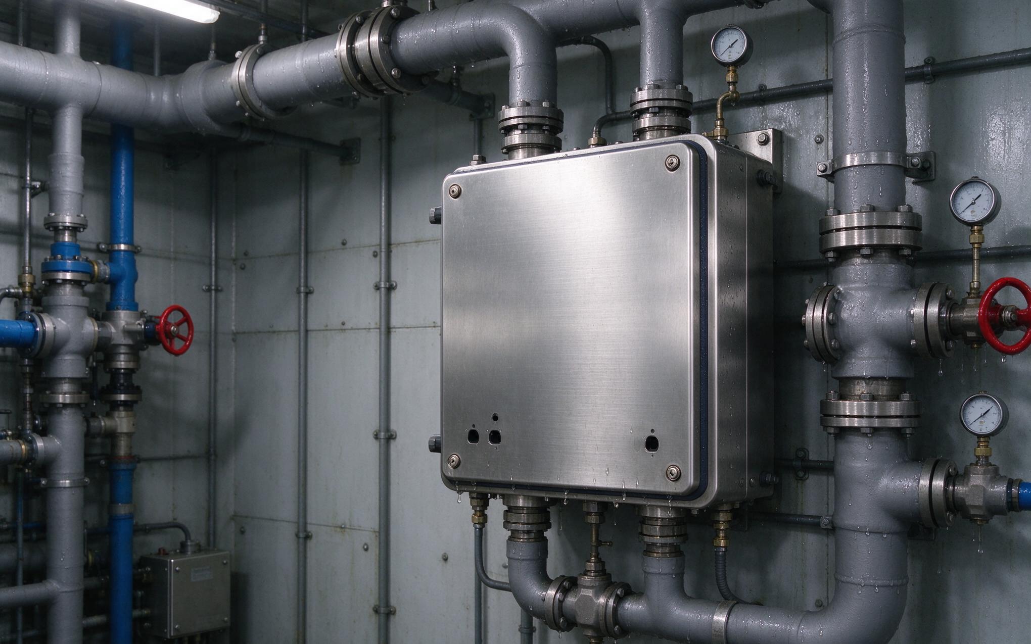 Panel on the compressor room wall Stainless front frame of a rugged industrial display installed in an ammonia compressor room