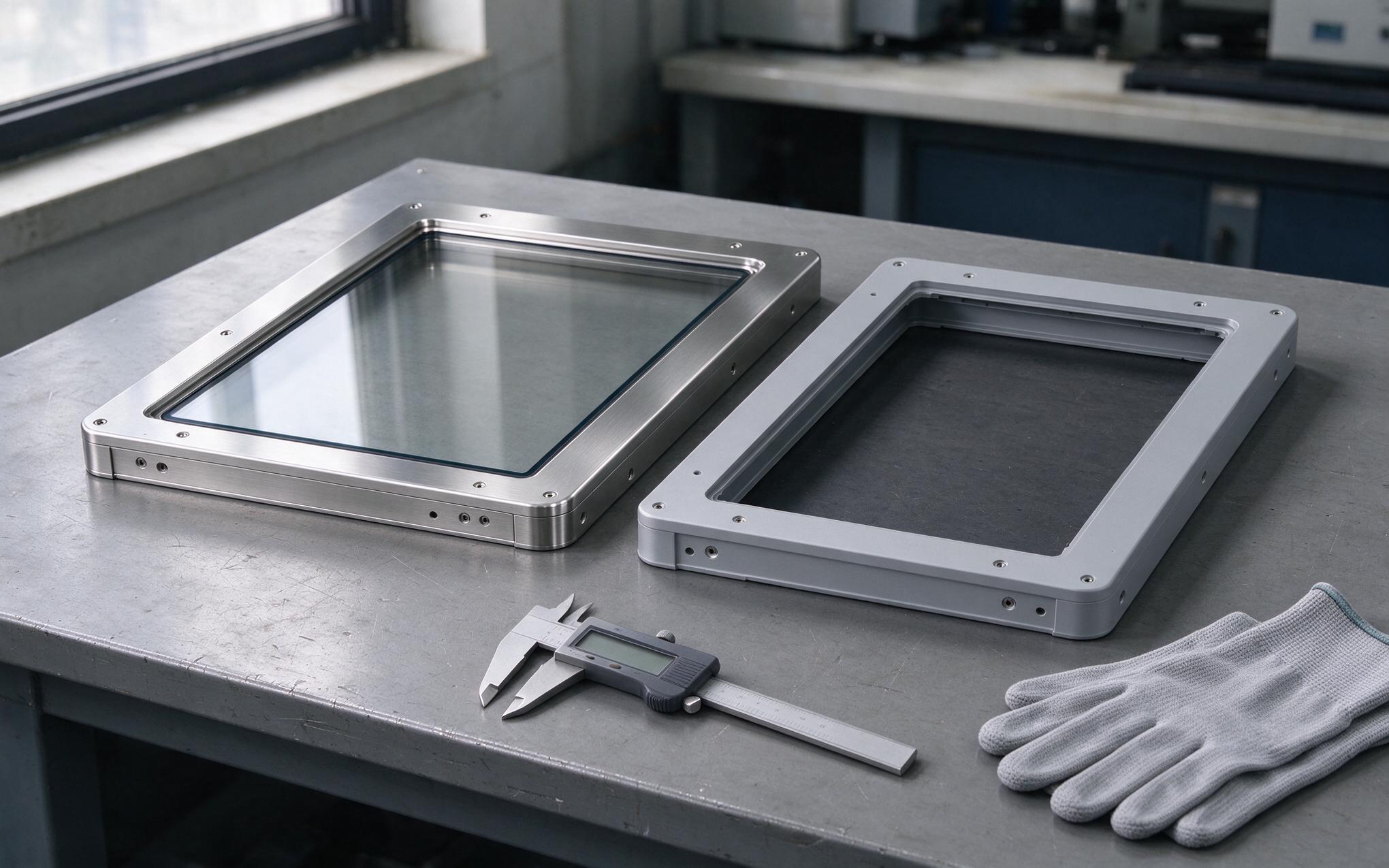 Two front frame materials side by side Stainless steel and powder coated aluminum bezel samples compared for ammonia service