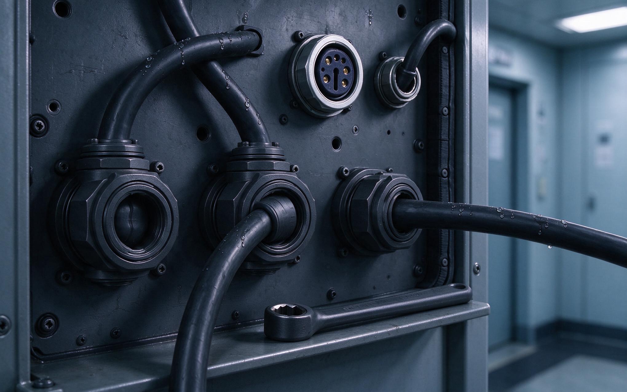 Rear cable entry during seal inspection Sealed cable glands and nickel plated connectors at the rear of a wall mounted industrial display