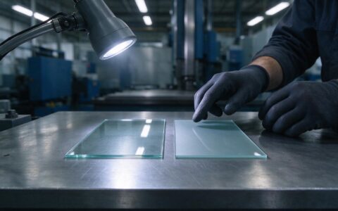 Clear and anti glare front glass samples compared for an industrial touch screen panel under a workshop inspection lamp