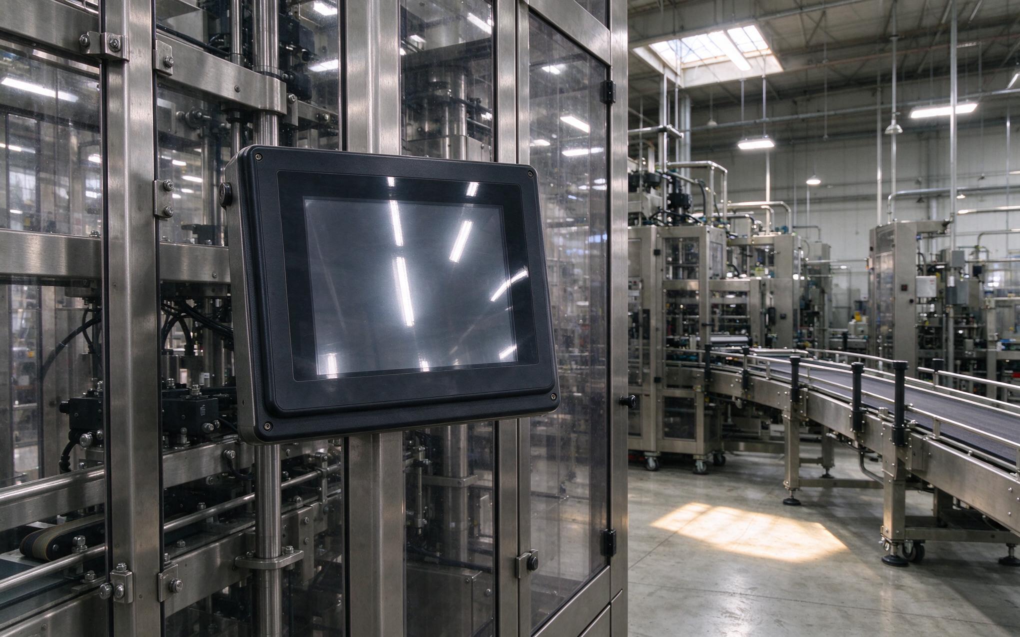 Industrial touch screen panel showing LED high bay glare streaks across the front glass on a production line