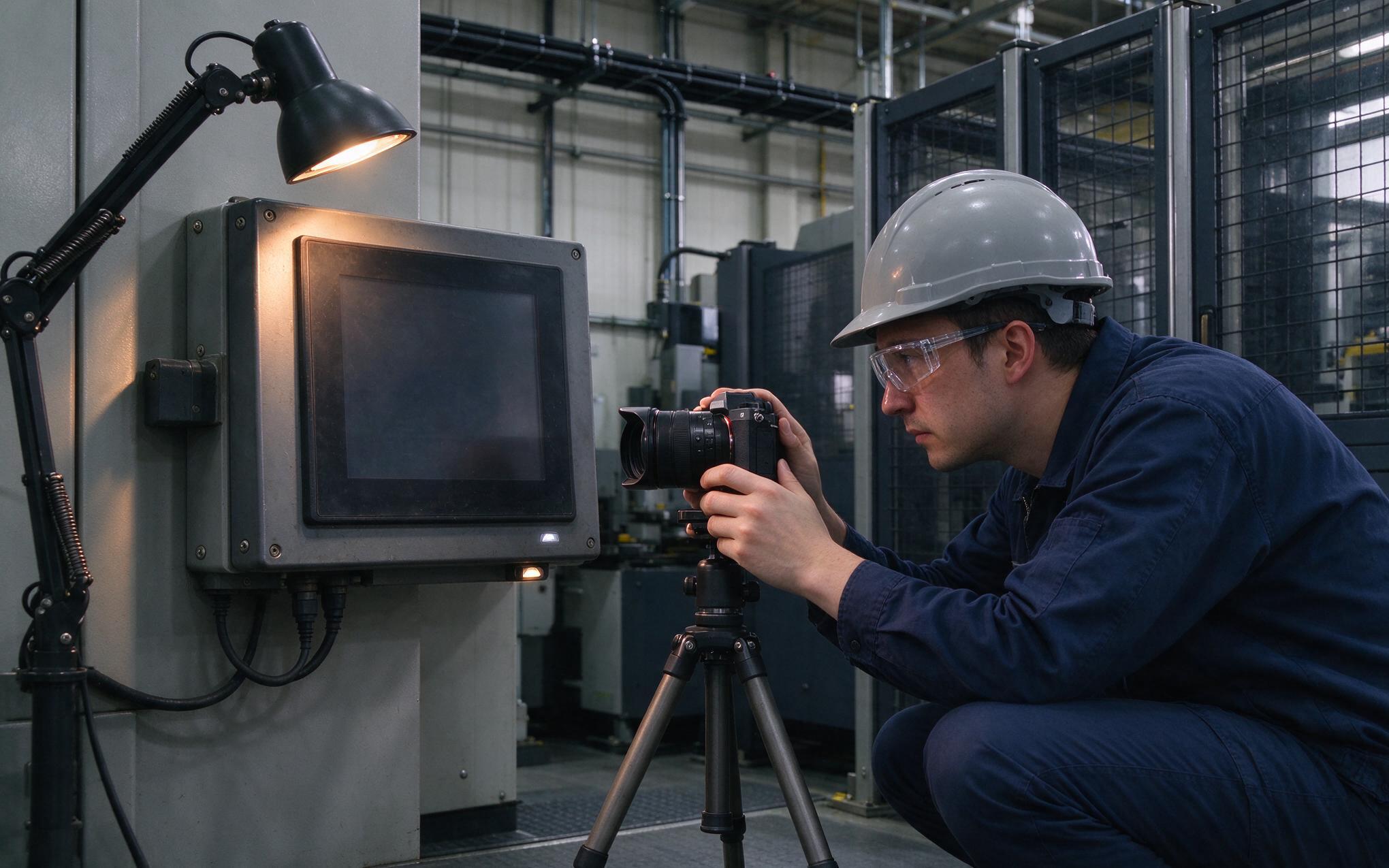 Glare check of an industrial touch screen panel at operator eye level during plant commissioning