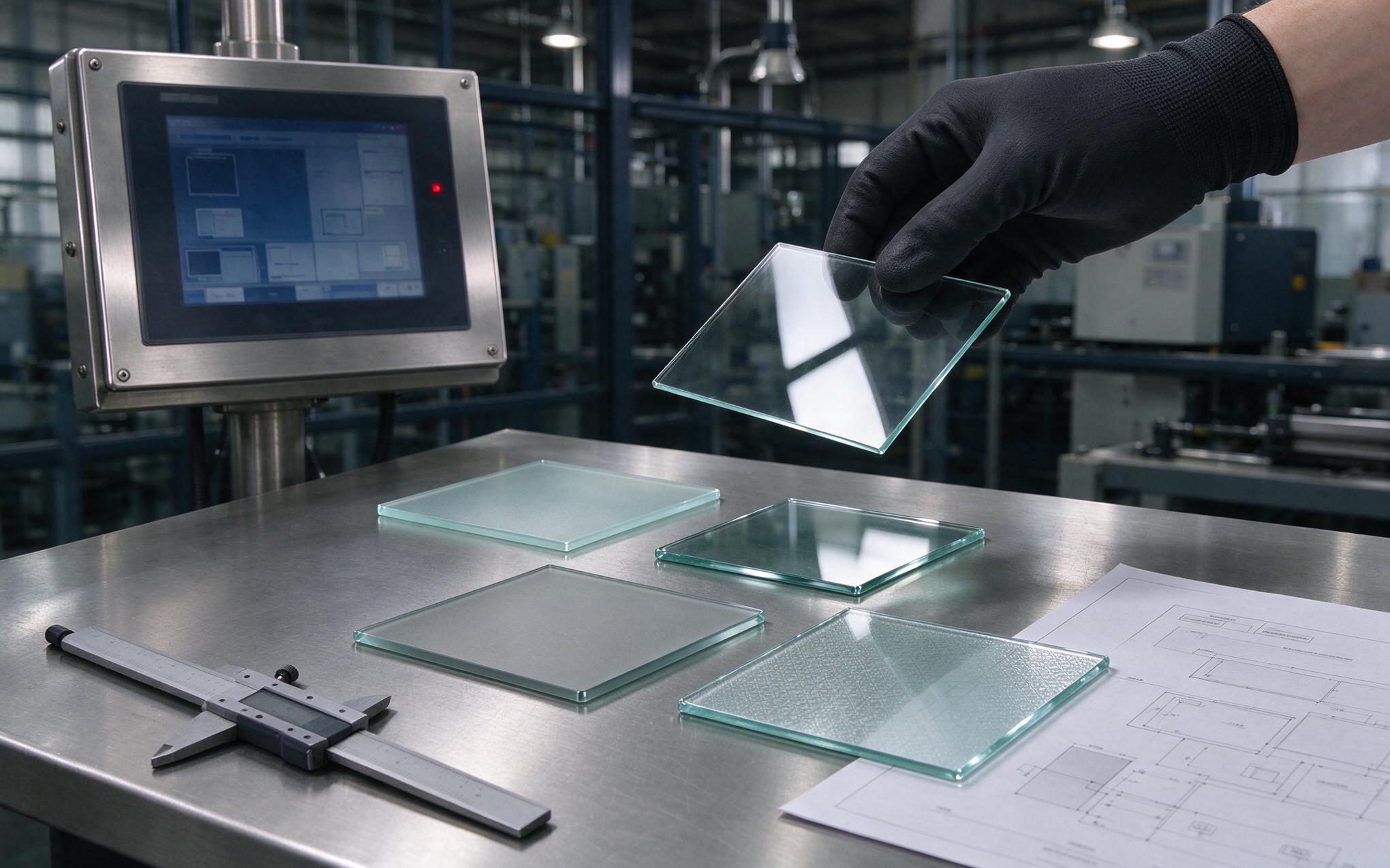 Glass finish sample coupons beside an industrial touch screen panel during a specification review