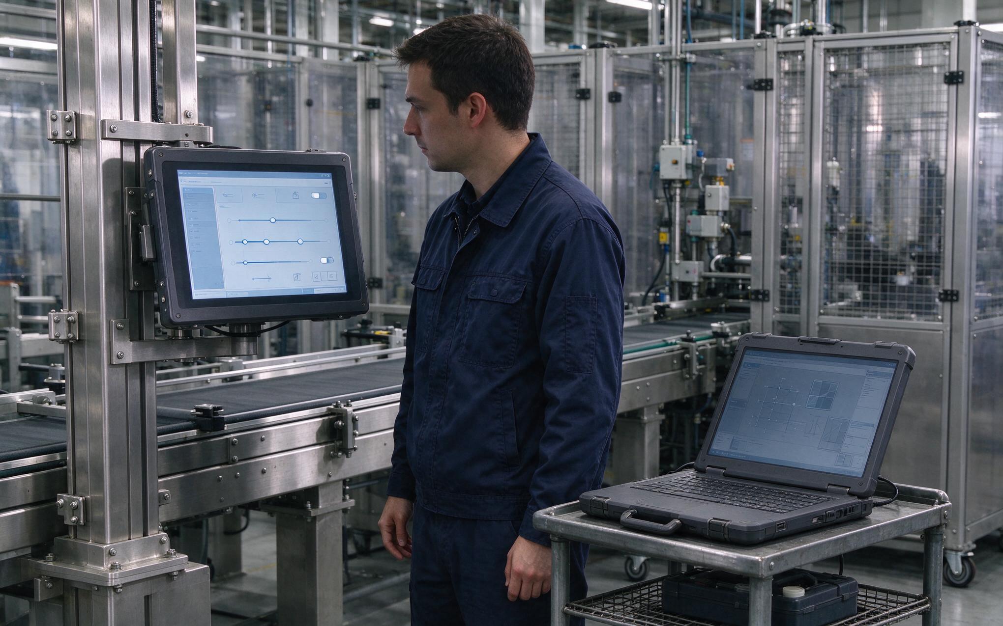 Clock policy setup at the terminal Engineer comparing performance and powersave clock settings on a fanless panel pc during line setup