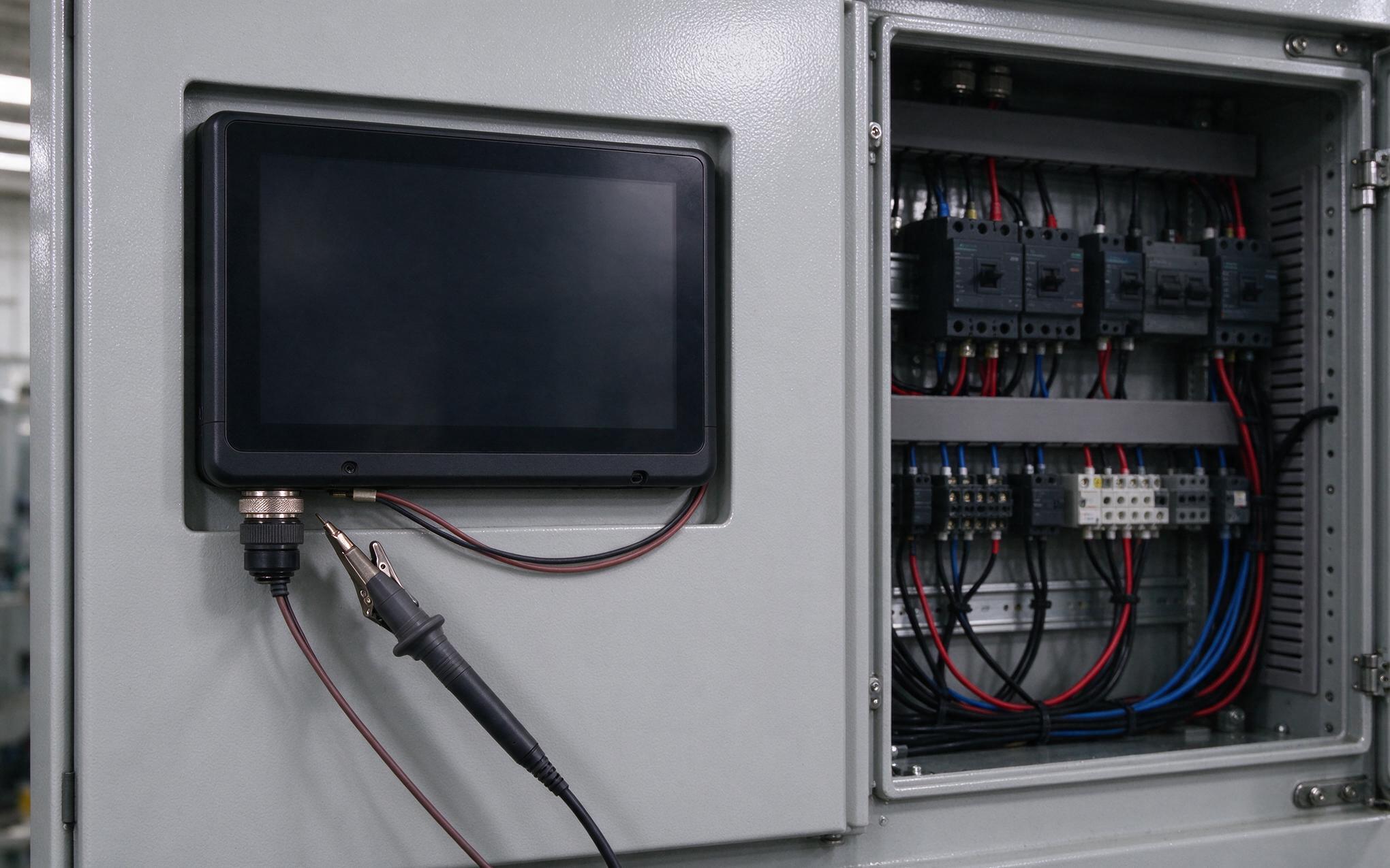 Door mounted unit under load Fanless panel pc bolted to a painted steel cabinet door with a power probe attached for load testing