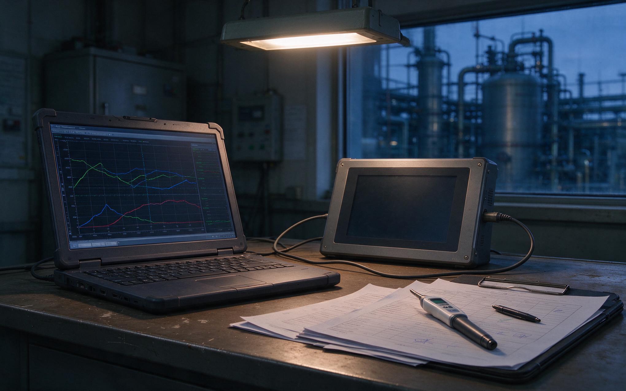 Reviewing the shift long temperature log Shift long temperature logging of a fanless panel pc checked on a laptop in a plant control room