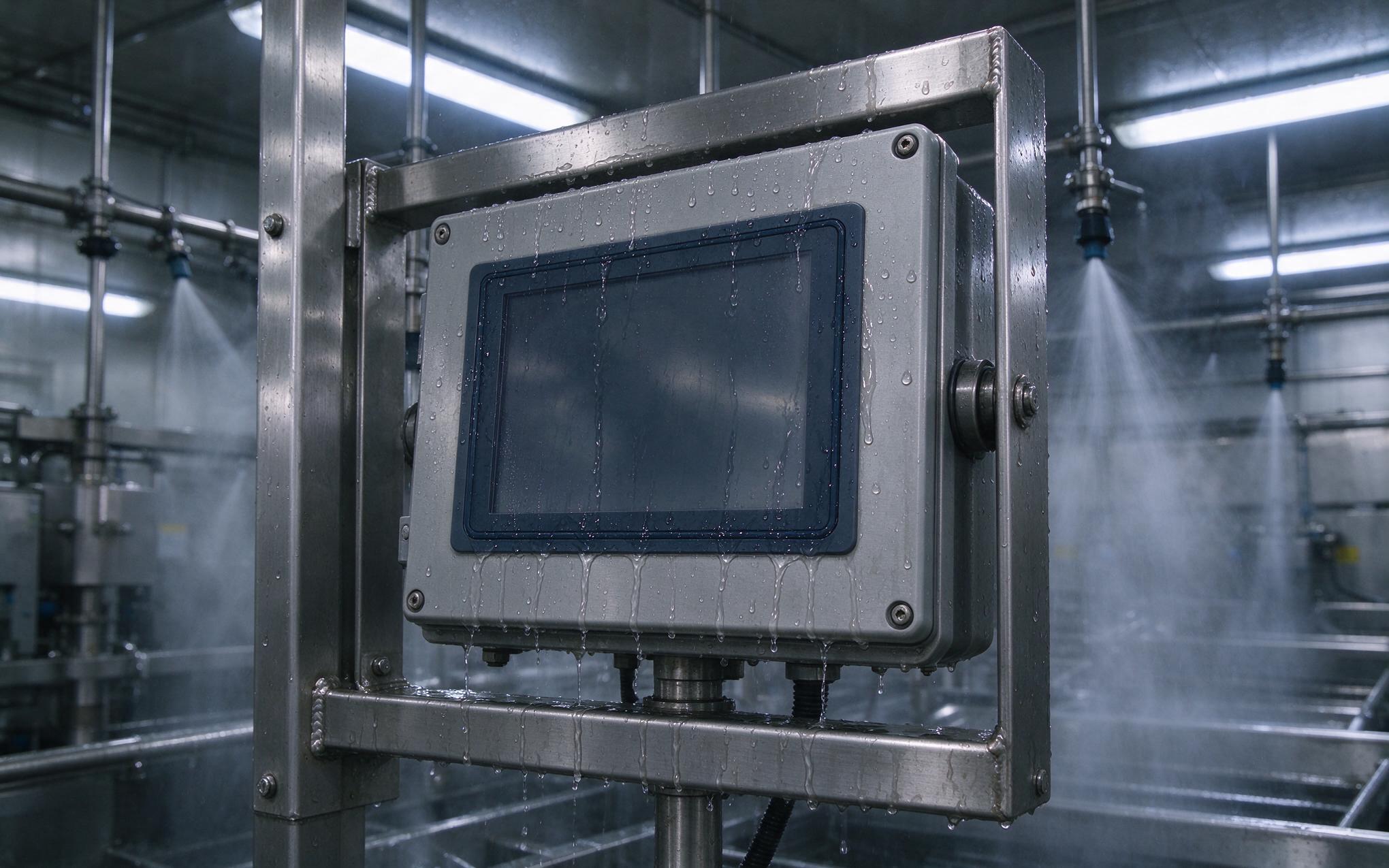 Washdown spray across the front seal line Rugged pc monitor front bezel covered in water spray during a plant washdown cycle