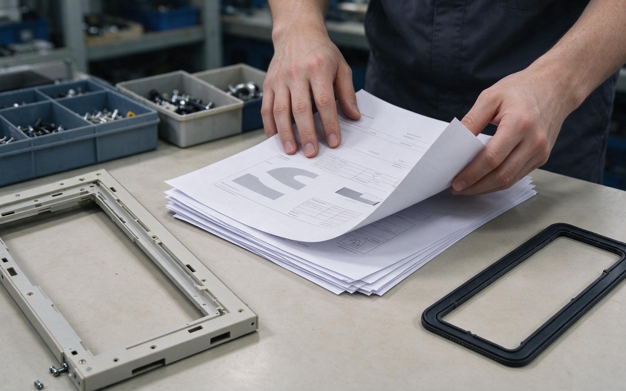 Reviewing compression set data at the QC desk Quality engineer comparing compression set test pages with a rugged pc monitor gasket sample