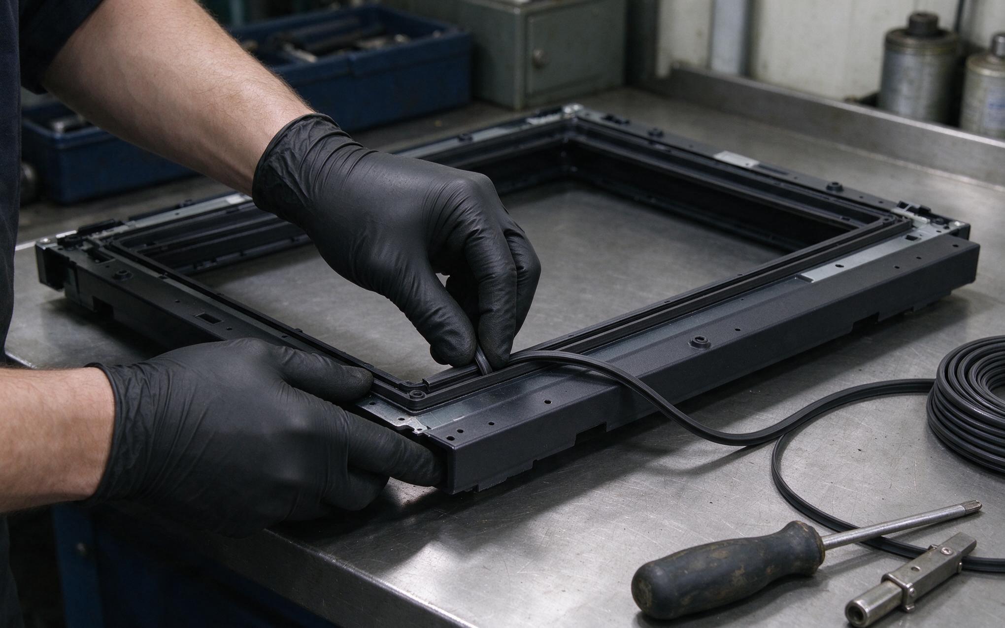 Replacing the bezel gasket during scheduled service Gloved hands seating a new gasket into a rugged pc monitor bezel groove during service