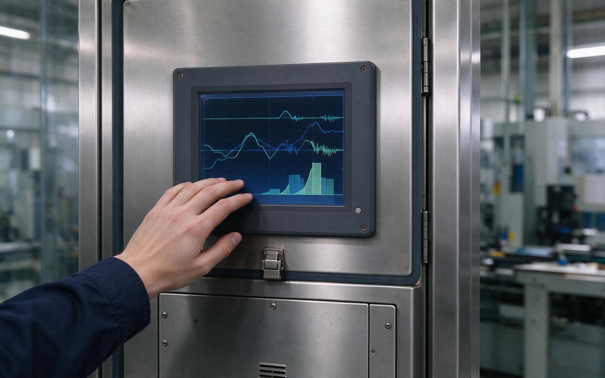 Latency trace of a scheduling jitter measurement Industrial panel pc linux unit on a control cabinet showing scheduling latency traces during measurement