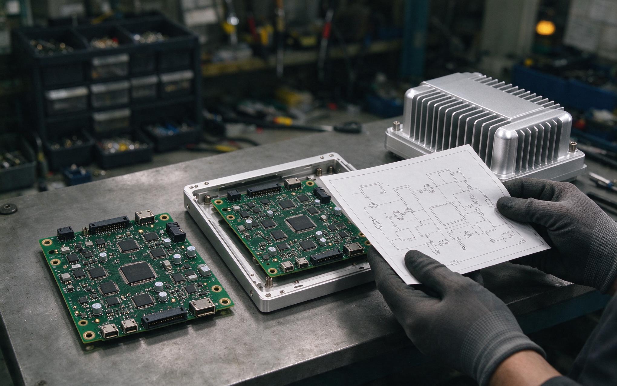 Comparing board builds for preemption model selection Two industrial single-board computers compared on a workbench while an engineer selects a preemption model