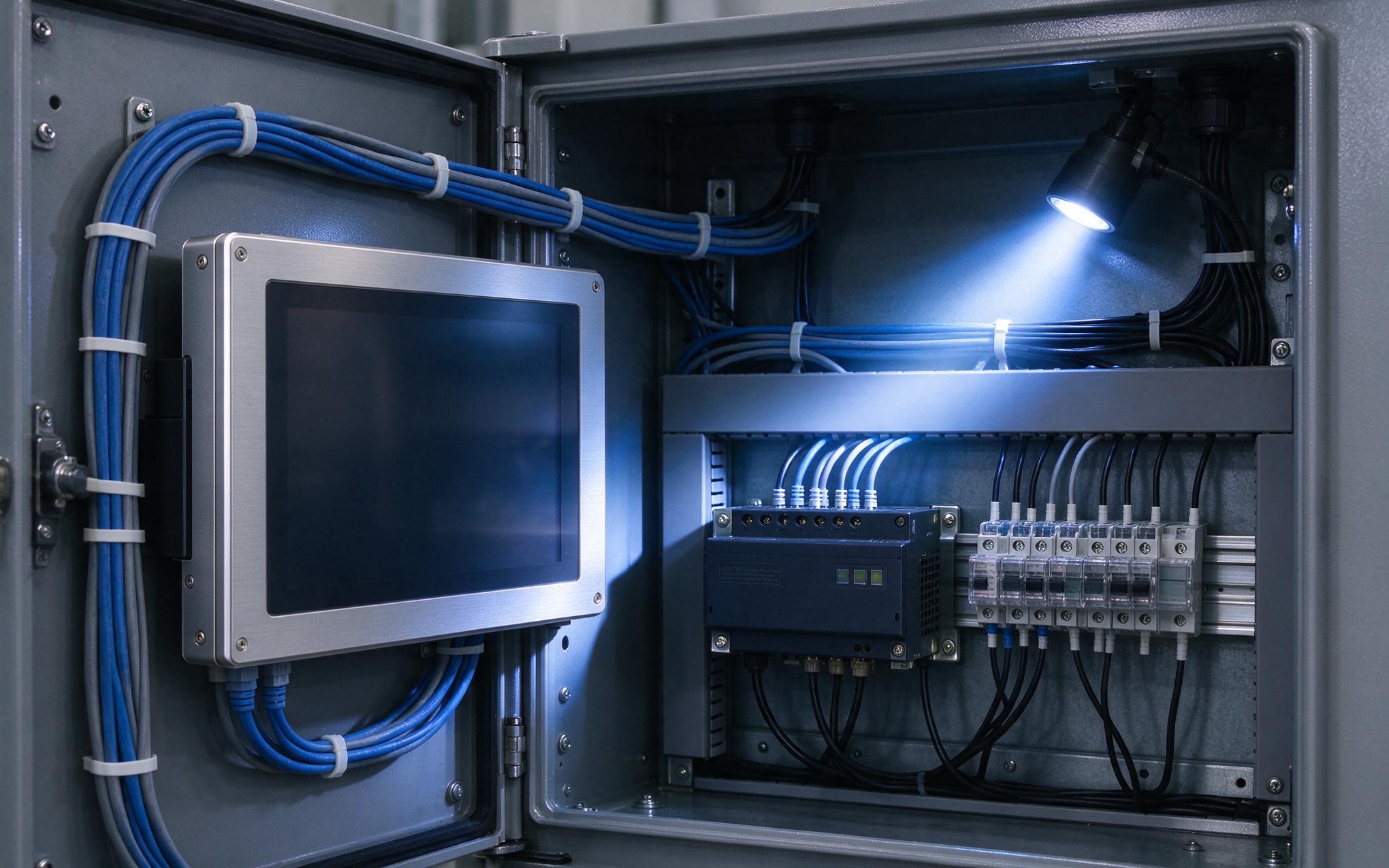 Cabinet wiring for interrupt and power isolation Fanless industrial panel PC wired into a DIN rail cabinet with separated power and network runs for core isolation