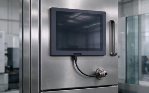 industrial panel mount monitor recessed in a machine cabinet door fed by one USB-C cable through a sealed gland