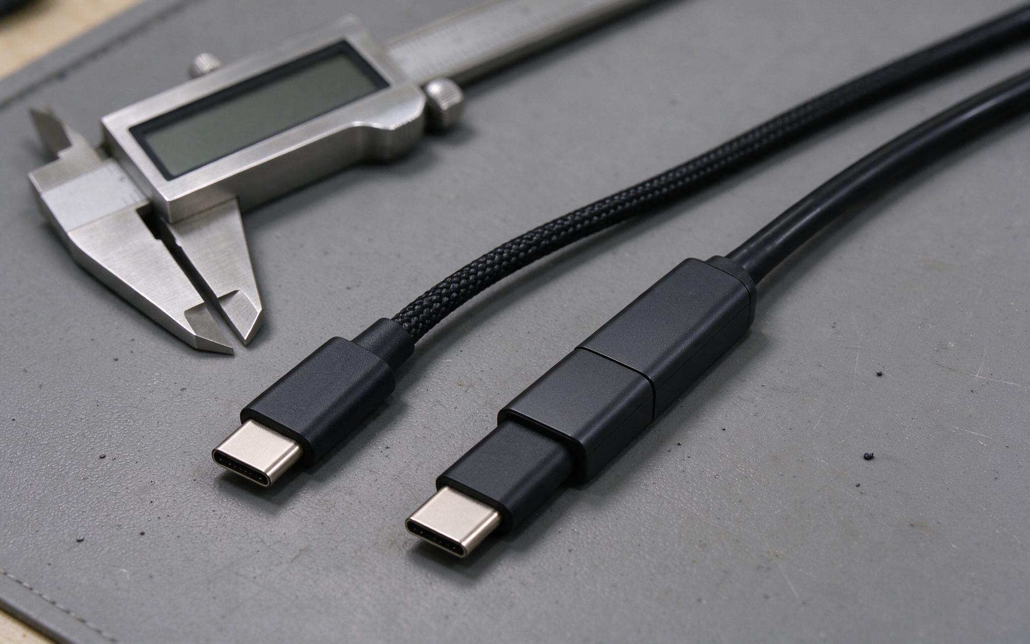 Passive copper next to active optical Type-C Coiled passive copper USB-C cable and an active optical USB-C cable laid side by side on a workbench