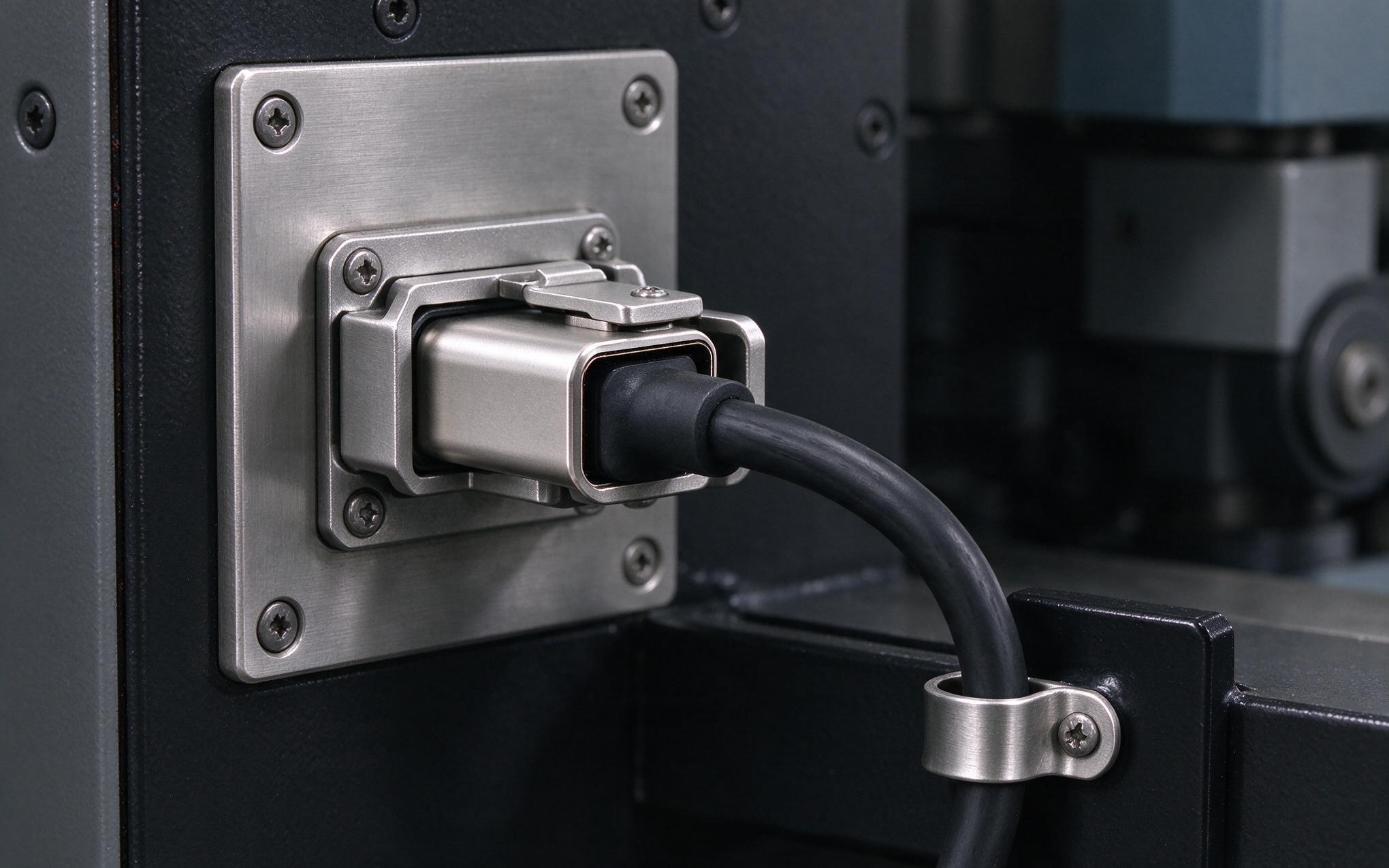 Locking clip and strain relief on the frame Close-up of a USB-C connector with a mechanical locking clip secured to a vibrating machine frame bracket