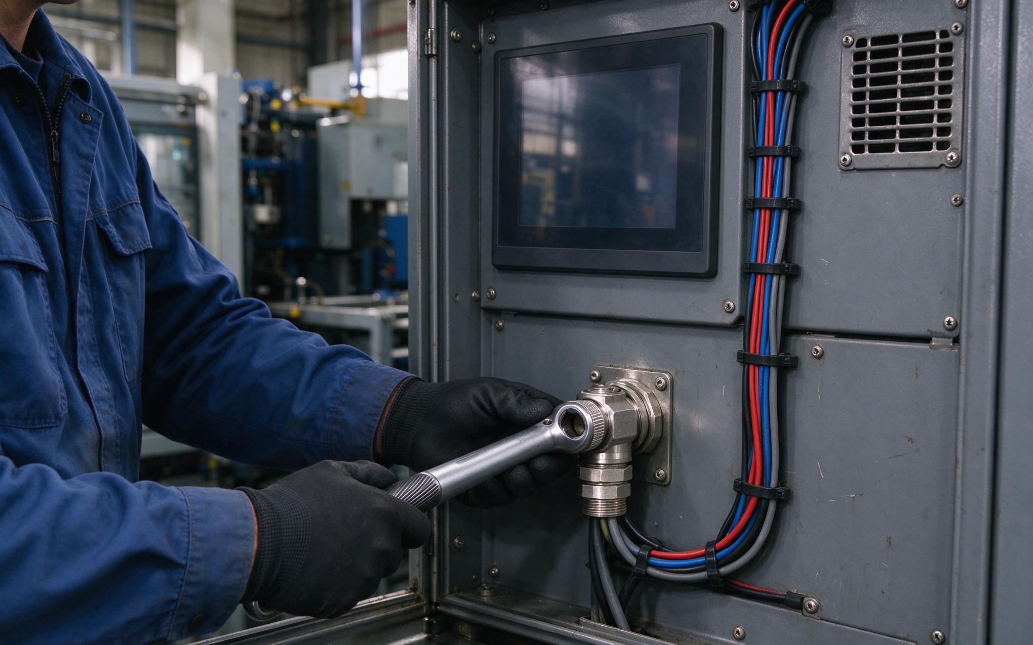 Torquing the bulkhead feedthrough gland Technician torquing an ingress-rated cable gland on a cabinet door for an industrial panel mount monitor retrofit