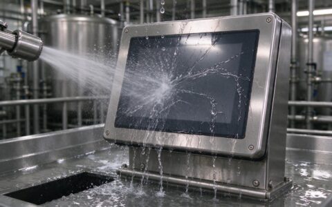 Water spray hitting the front glass of an industrial touch display mounted on a stainless washdown frame