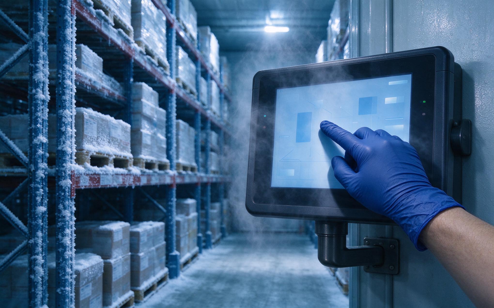 Gloved input on a cold-room operator panel Technician in a thick nitrile glove operating an industrial touch display inside a cold storage facility