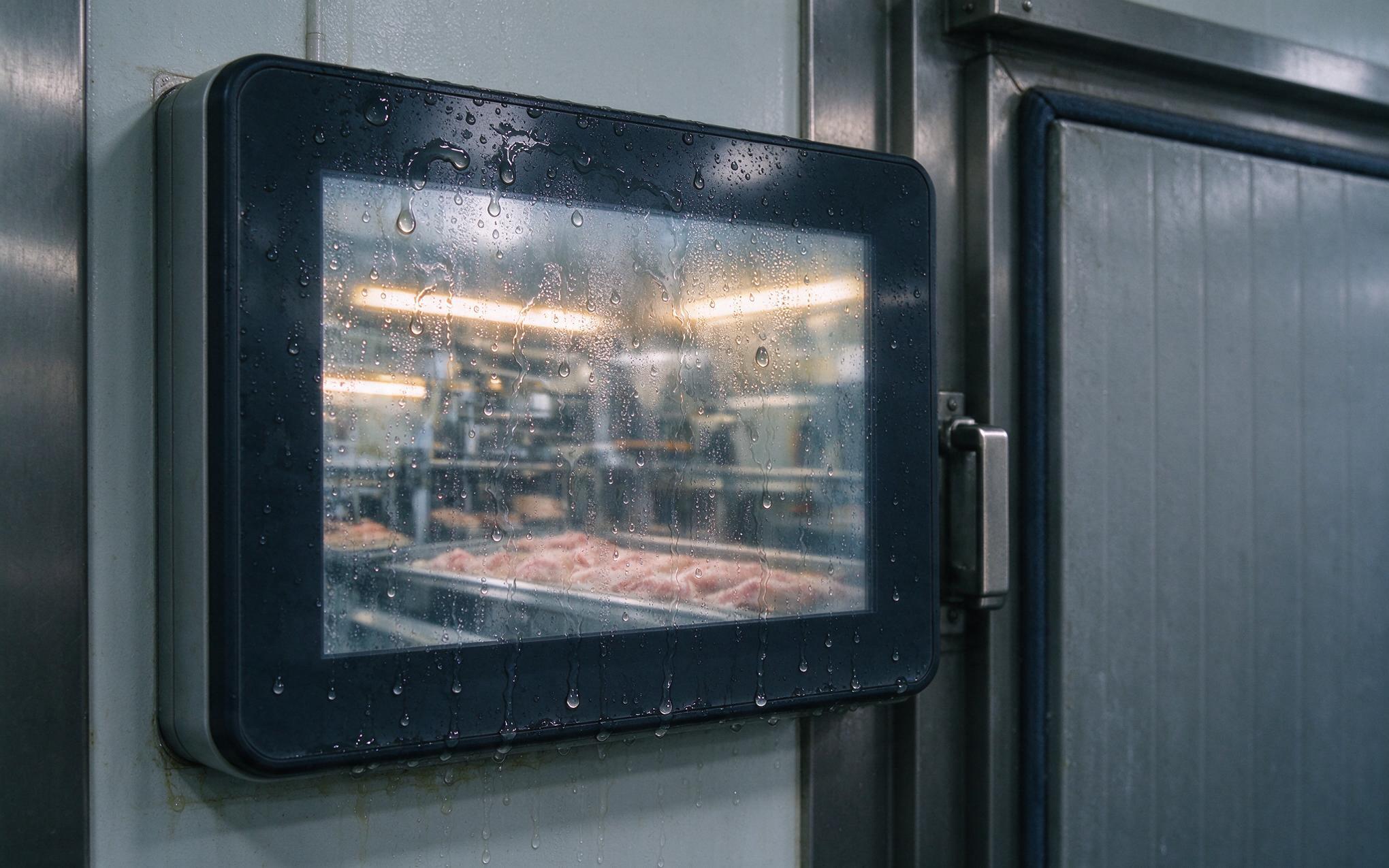 Condensation film on a freezer door panel Condensation beads forming on the cover glass of an industrial touch display at a freezer room doorway