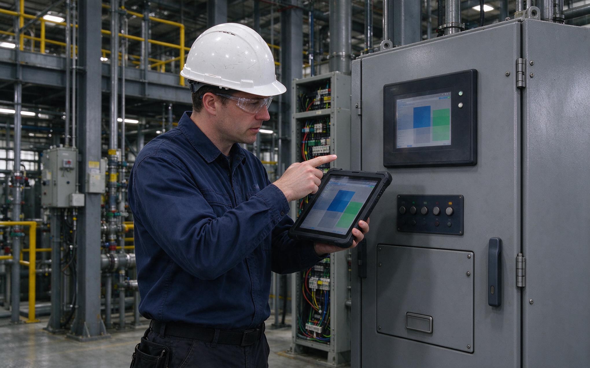 Commissioning touch profiles on site Control room engineer comparing touch profiles on an industrial touch display during site commissioning