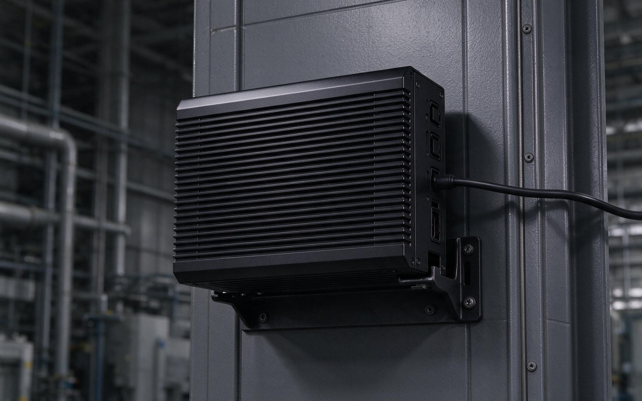 Wall mounted industrial mini pc fanless unit with a ventilated standoff air gap behind the chassis