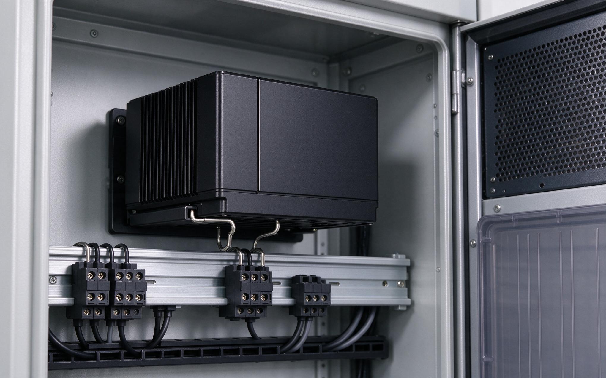 DIN rail mounted industrial mini pc fanless inside a control cabinet with vertical airflow clearance