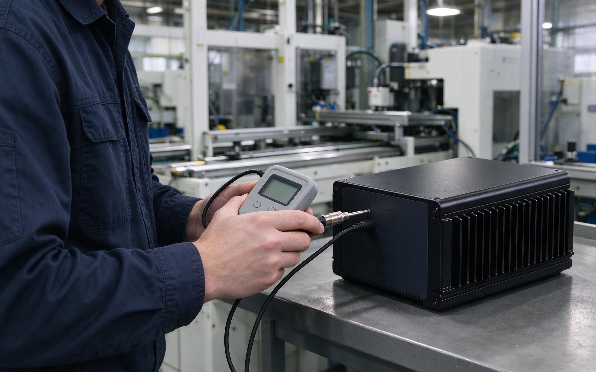 Field technician logging case temperature of a fanless mini pc to verify mounting orientation cooling