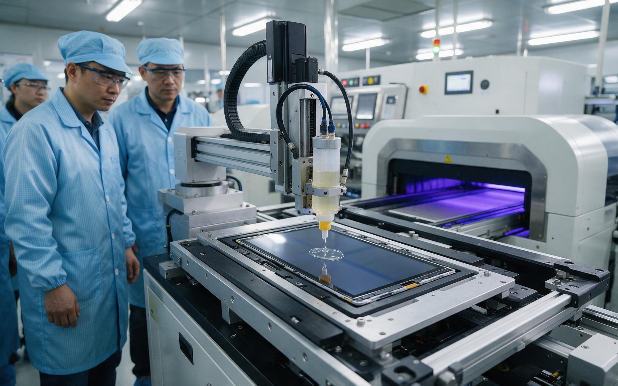 Liquid resin dispensing during industrial panel pc optical bonding on a factory line