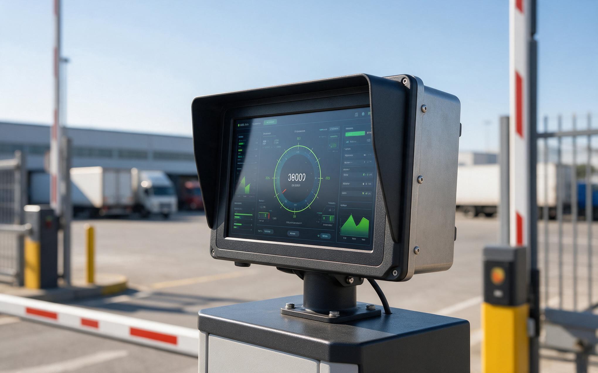 Sunlight readable industrial monitor with bonded display operating outdoors at a facility gate