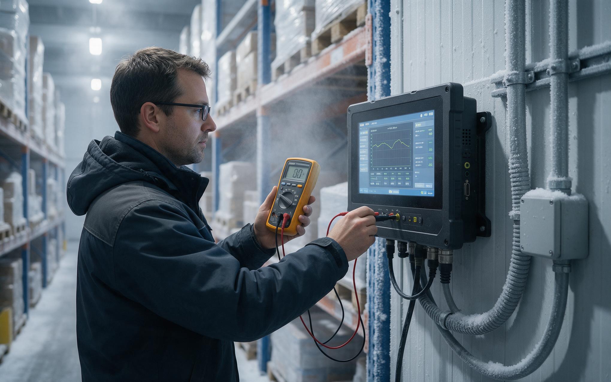 Verifying wide voltage input in cold storage Wide temperature panel pc wide voltage DC input being verified by an engineer in a cold storage aisle