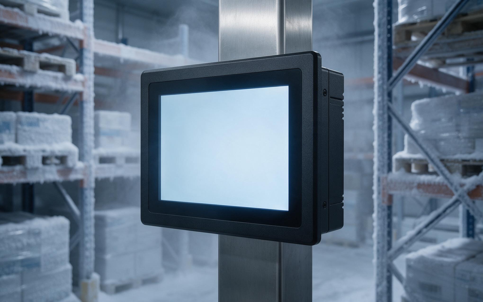 Fanless terminal on a freezer aisle pillar Sealed fanless panel pc operating on a freezer warehouse pillar with frost on surrounding racking