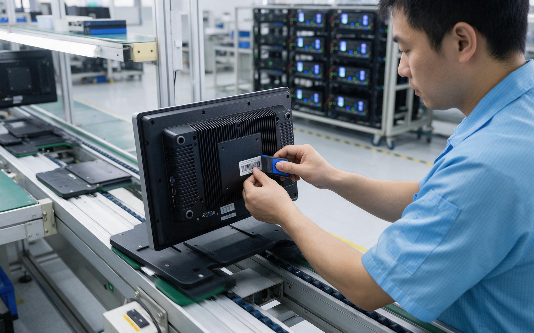 Serial traceability on the assembly line Serialized traceability scan at an industrial pc oem odm assembly line with burn-in racks