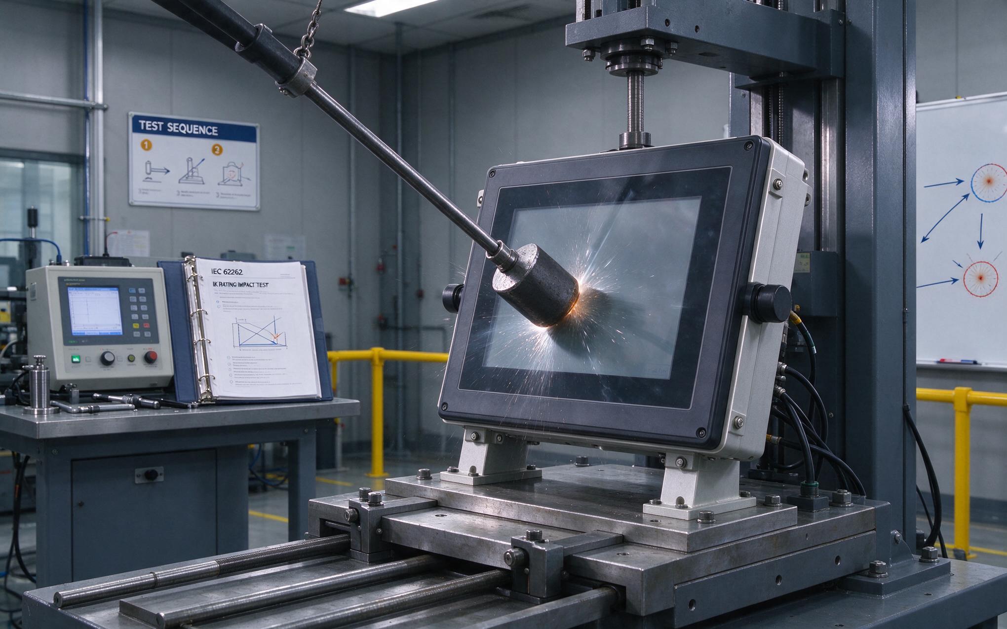 IEC 62262 IK Rating Impact Testing on Industrial Display Glass IK rating impact test on industrial touchscreen monitor glass thickness