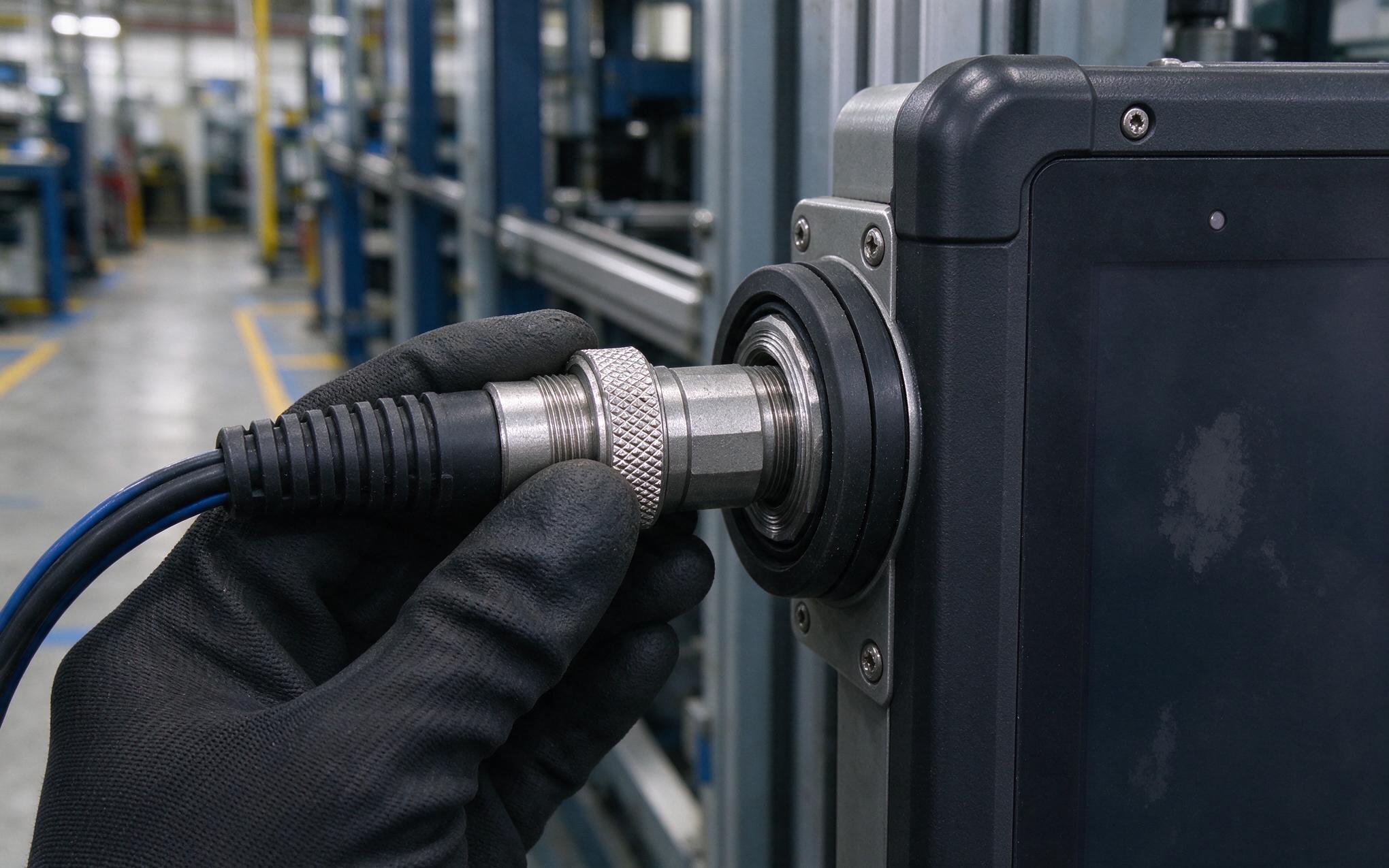 M12 threaded coupling connector being tightened on an industrial panel PC bulkhead