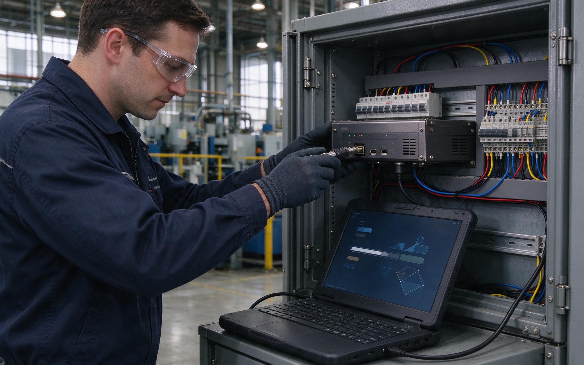 firmware update on embedded industrial PC mounted inside factory control cabinet