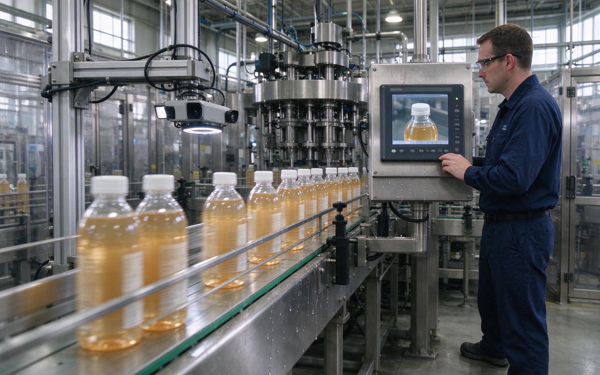 Bottling inspection monitor station high-speed bottling inspection viewed on an industrial touch screen monitor