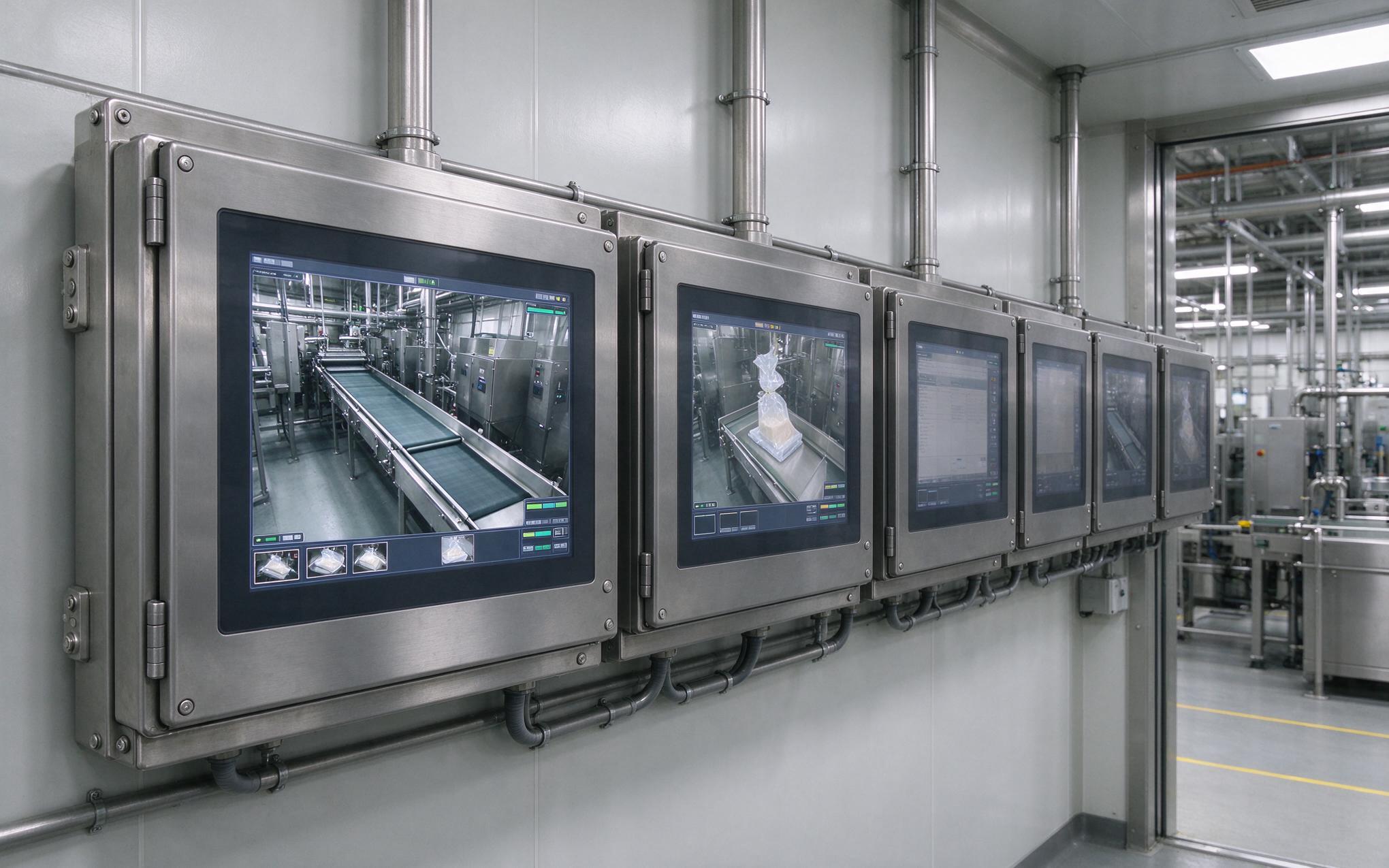 Sealed industrial display monitors in inspection duty row of sealed industrial display monitors running 24/7 inspection duty